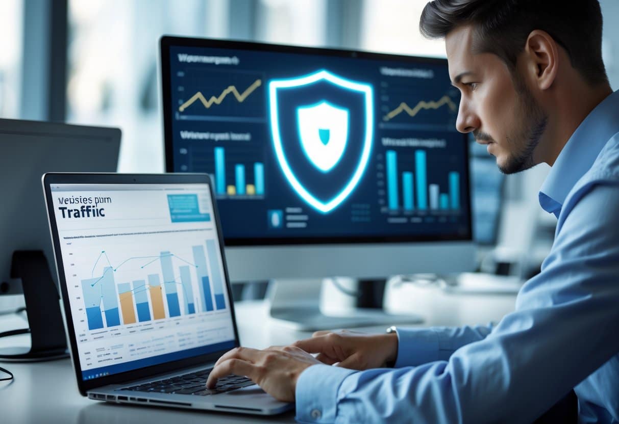 An IT specialist working on a laptop with multiple monitors showing website traffic data and a digital shield icon representing cybersecurity.