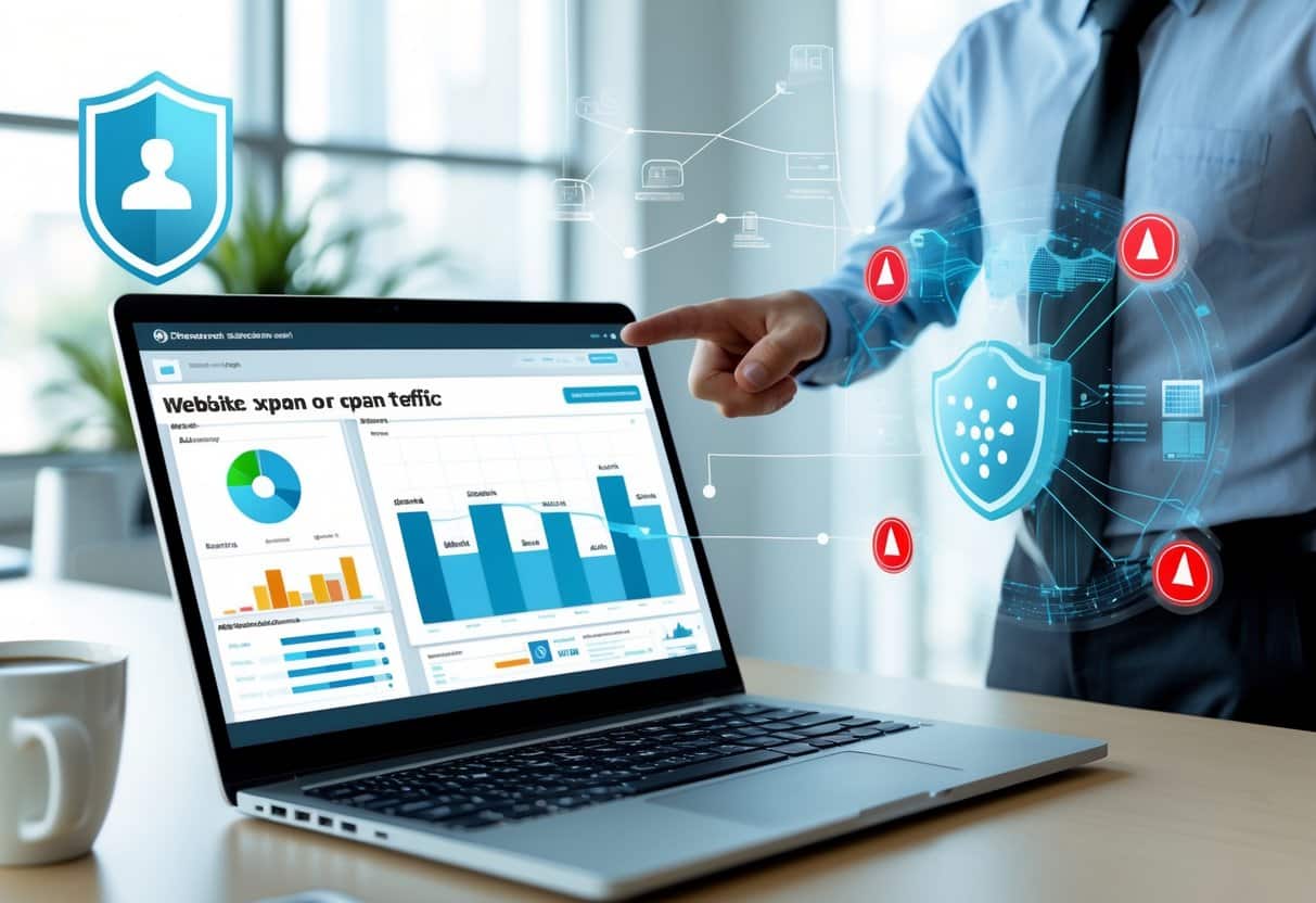 Person pointing at a laptop screen showing website traffic data with digital security icons around the workspace.