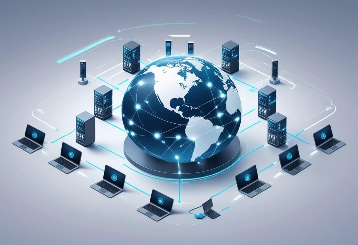 A globe surrounded by interconnected servers with data streams flowing to various devices worldwide, illustrating fast and reliable internet content delivery.