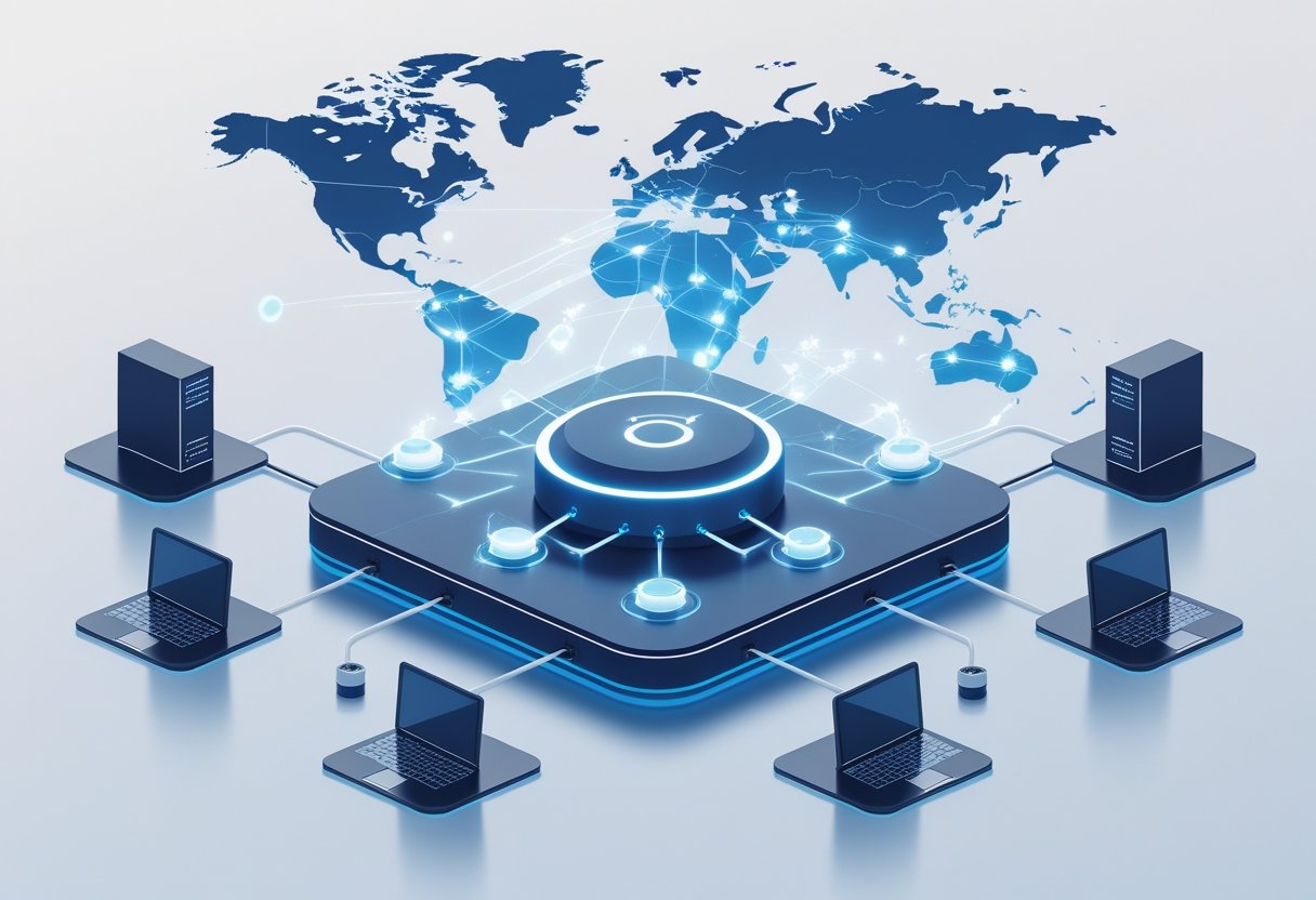 A central server connected by glowing lines to multiple smaller servers around a world map, with data packets flowing towards various devices like smartphones and laptops.