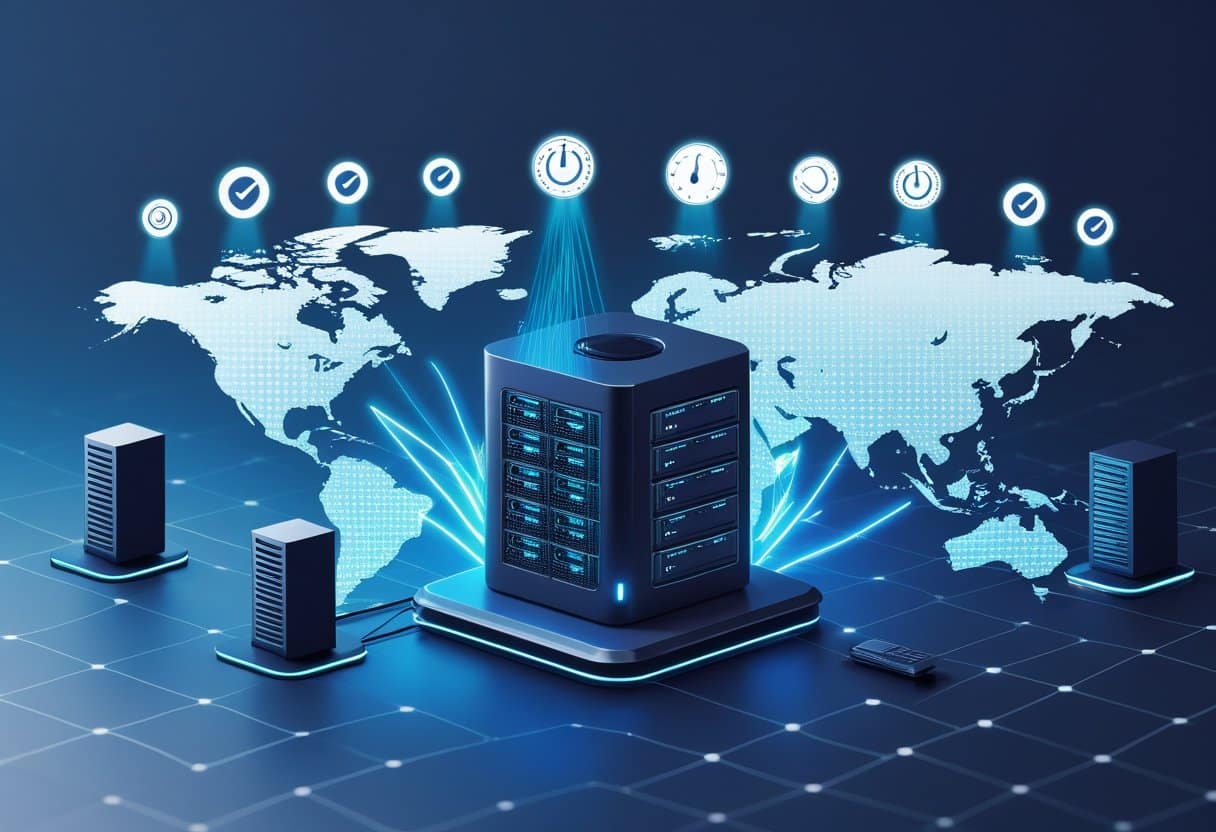 A central server connected by glowing lines to multiple smaller servers spread across a world map, illustrating fast and secure data delivery through a network.
