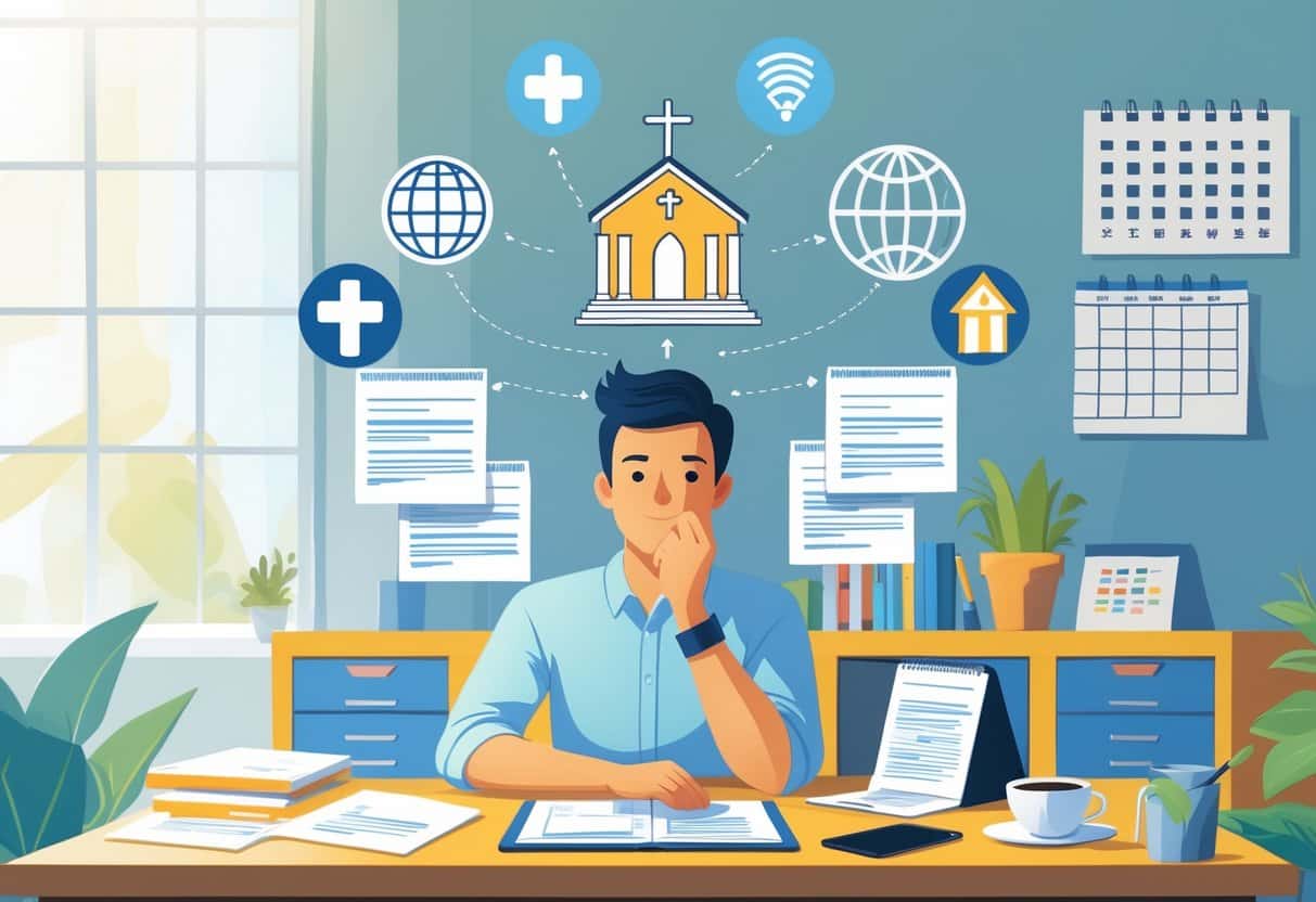A person sitting at a desk with a laptop, surrounded by icons of a church, a cross, a small store, and a globe, representing choosing a domain name for a church, ministry, or small business.
