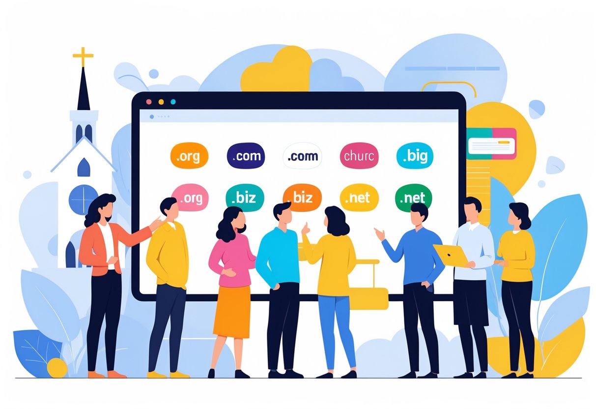 A group of people discussing and choosing domain name extensions on a large digital screen with icons representing different extensions, with subtle symbols of a church, a small business, and a ministry in the background.