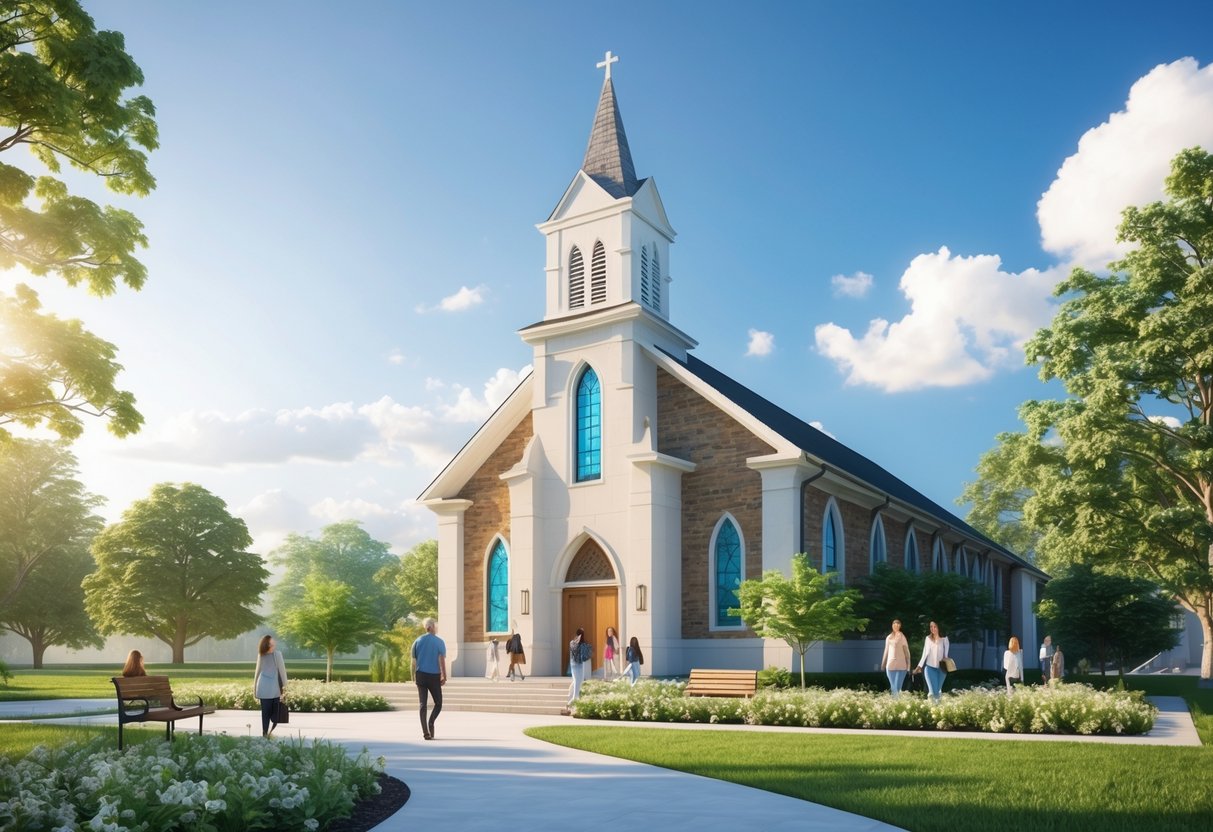 A traditional church with a tall steeple surrounded by green lawn and trees, with people walking and sitting nearby.