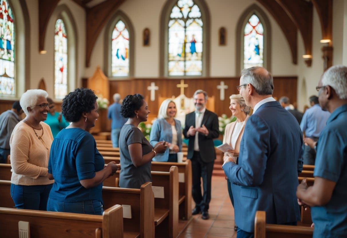 People gathered inside a traditional church, talking and connecting in a warm and welcoming environment.