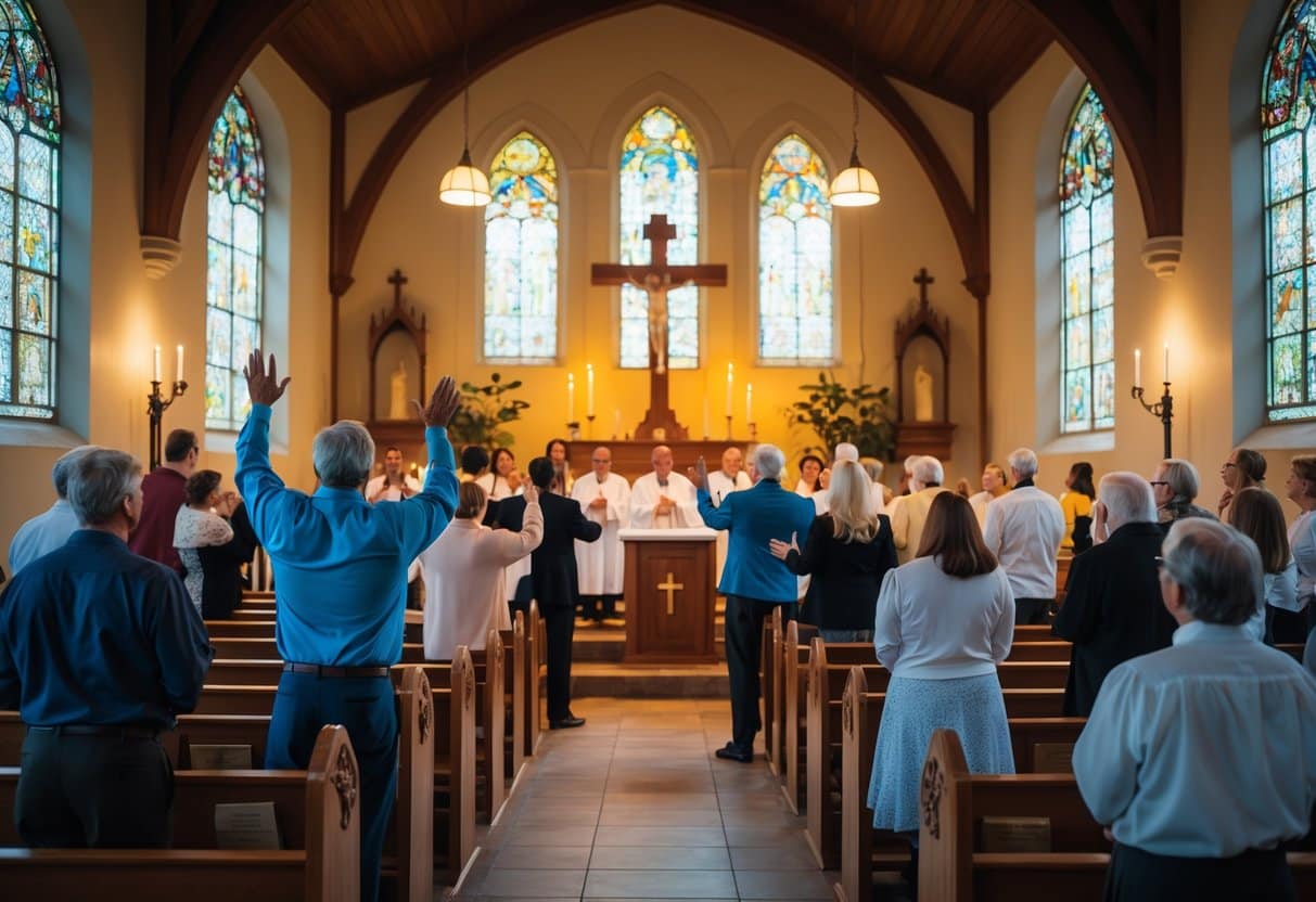 People of different ages and backgrounds worship together in a traditional church with stained glass windows and wooden pews.