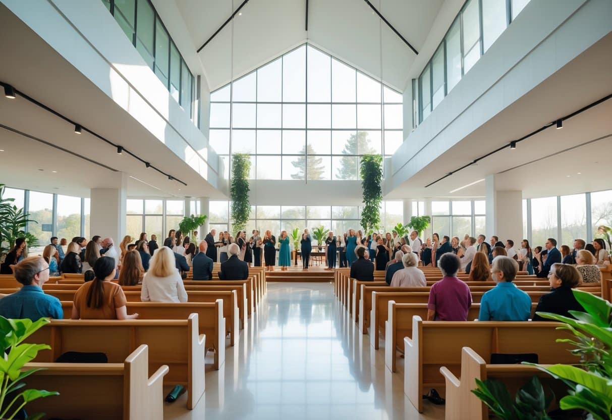 A diverse group of people worshiping inside a bright, modern church with wooden pews and large windows.
