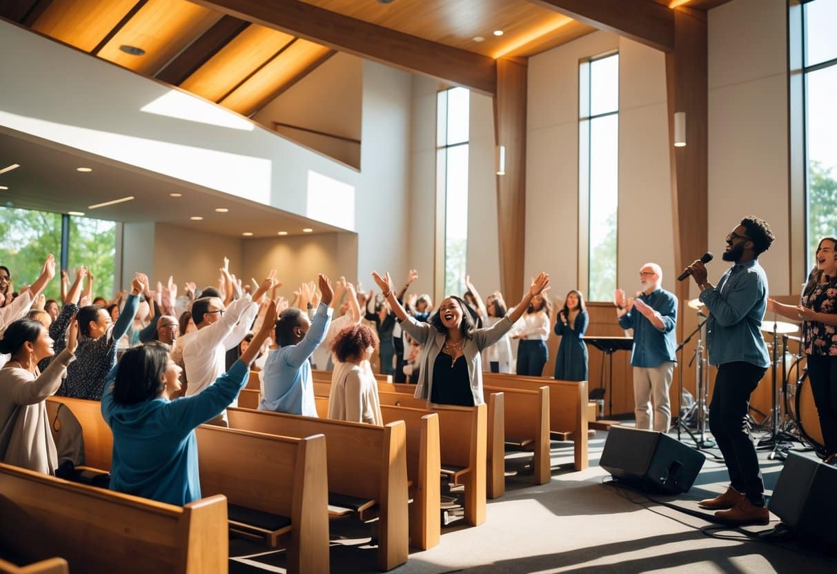 People of diverse backgrounds joyfully worship together in a modern church sanctuary with a live band on stage.
