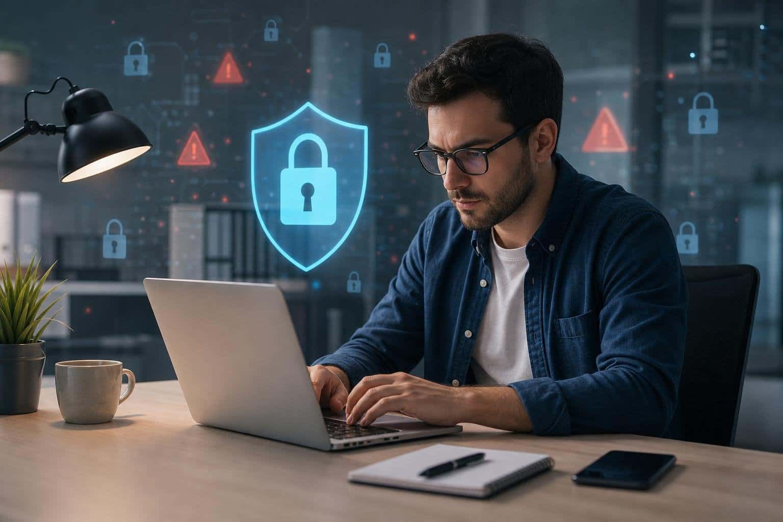 Person working on a laptop in a small office with digital security icons floating around, symbolizing cybersecurity threats.