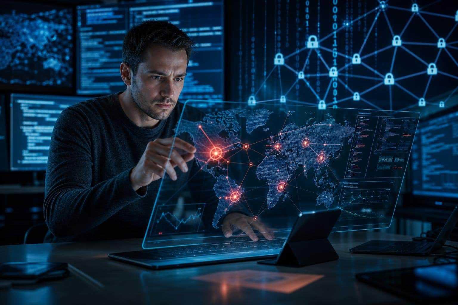A cybersecurity professional analyzing digital data on multiple screens showing website vulnerabilities and network attack points.