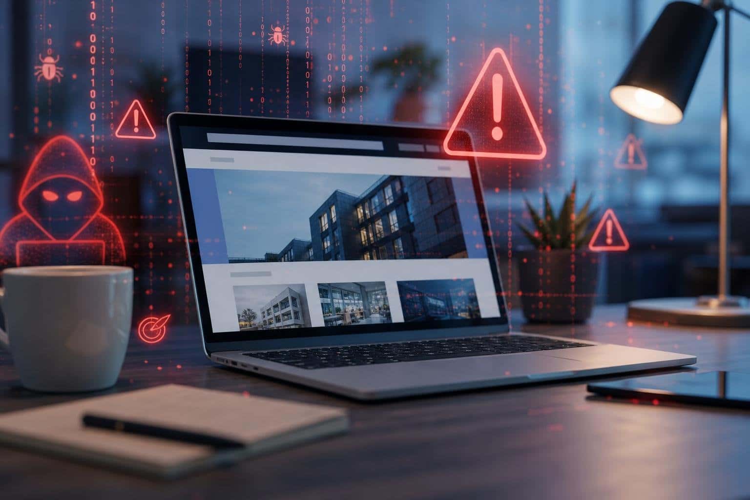 A laptop on a desk surrounded by digital symbols representing automated cyber attacks targeting a small website.